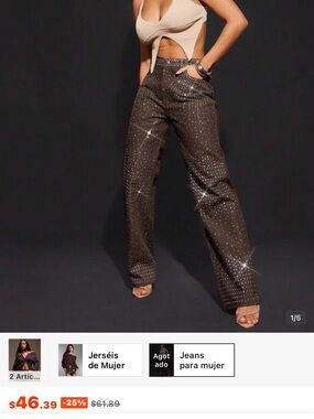 SHEIN Brown Rhinestone-Studded Wide-Leg Jeans